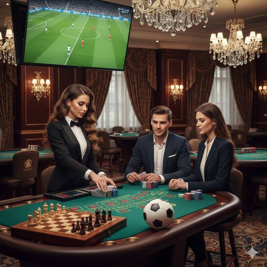 Luxurious online casino lobby with shining slot machines and roulette tables.